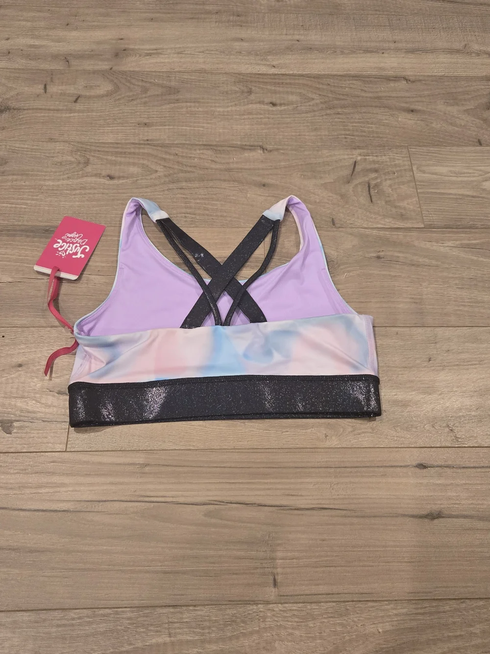 Justice Pastel Tie-Dye Sports Bra with Black Glitter Band & Matching Shorts LG